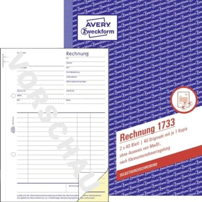 Obrázek AVERY Zweckform 1733 faktura pro malé podnikatele (A5, 2 x 40 listů, propisující s barevným průrazem, bez dokladu DPH, podle předpisu podniky) bílá/žlutá