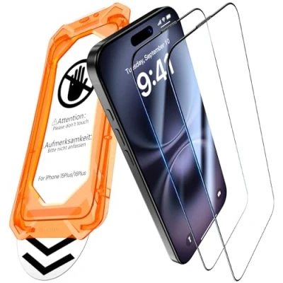 Obrázek UniqueMe pro iPhone 15 Plus/16 Plus pancéřové sklo [ochranná fólie na displej Full Screen] ochranná ochranné sklo, instalace aut, 2 kusy