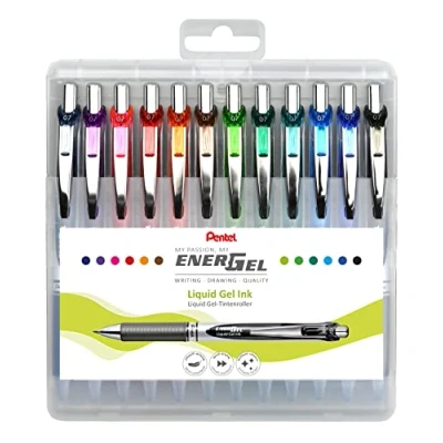 Obrázek Pentel BL77 12 EnerGel kuličkové pero s tlakovou mechanikou, průměr kuličky 0,7 mm = 0,35 tloušťka čáru, doplňovatelný, nastavitelný, plastový box, obsah kusů, barevně tříděné