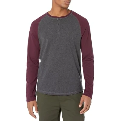 Obrázek Amazon Essentials Pánské Henley tričko s dlouhým rukávem, úzký střih, burgundská červená/tmavě šedá melírovaná, M