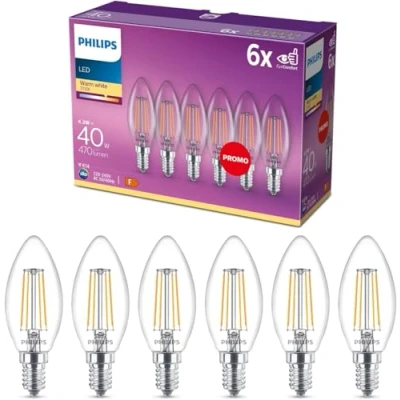 Obrázek Philips LED Classic E14 Lampen 6 er Pack (40 W), mit warmweißem Licht, energiesparende Beleuchtung langer Nutzlebensdauer