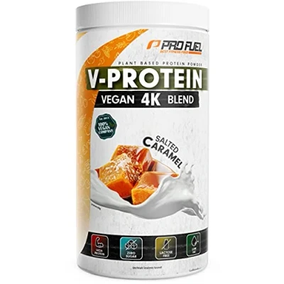 Obrázek Veganský proteinový prášek Karamel V Protein 4K Blend Neuvěřitelně lahodný a krémový 750 g Ze slunečnice, sóji, konopných semen dýňových semínek Rostlinný se 78 %