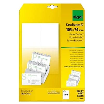 Obrázek SIGEL LP701 kartotéční lístky, oboustranně potisknutelné, bílé, 185 g, A7, 160 kusů