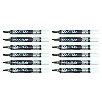 Obrázek Pentel Maxiflo Whiteboard Marker, trocken abwischbar, schmale abgeschrägte Spitze, Schwarz, 12 Stück