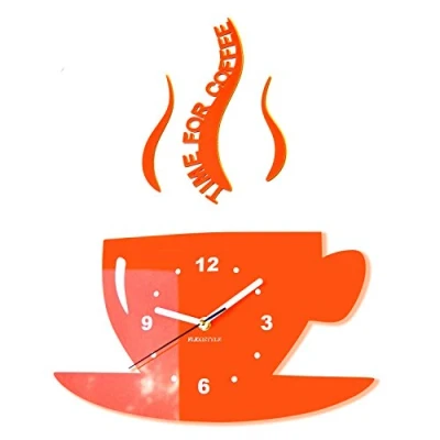 Obrázek FLEXISTYLE Hrnek Time for Coffee Moderní kuchyně (čas na kávu) nástěnné hodiny, oranžová, 3D římská, hodiny dekorace