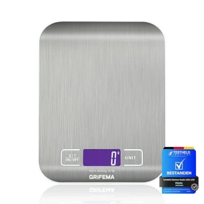 Obrázek GRIFEMA Küchenwaage Edelstahl, Hochpräzise 1g 5000g Digitalwaage mit LCD Display, Tara Funktion, 6 Maßeinheiten, Batterien inklusive, Blau