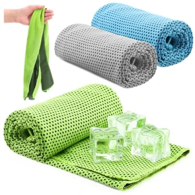 Obrázek com four® 3X Kühlhandtuch Cooling Towel Kühltuch kühlendes Tuch bei Hitze, Müdigkeit, Anstrengung, Sport, Sonnenbrand, Verbrennungen oder Insektenstichen, Camping (3X blau/grün/grau)