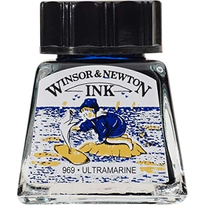 Obrázek Winsor &amp; Newton 1005660 Drawing Inks kreslicí tuš pro kaligrafy, ilustrátory, grafiky, umělce voděodolné barvy, vynikající průhlednost, láhev 14 ml ultramarínová