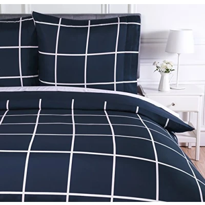 Obrázek Amazon Basics Sada ložního prádla, 135 x 200 cm, lehké mikrovlákno, 3 kusy, námořnická modrá, skotský vzor
