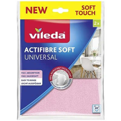Obrázek Vileda Actifibre Soft univerzální hadřík z mikrovlákna, čisticí ze 100% mikrovlákna pro výsledky beze šmouh, vysoká sací síla, všechny hladké povrchy, růžové a šedé, balení 2 ks