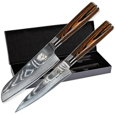 Obrázek Wolfblood Sada damaškových nožů 2 (24 cm) profesionální damaškové kuchyňské nože z 67 vrstev oceli I s nožem šéfkuchařským Santoku dřevěná rukojeť, dárková krabička a ochrana čepele