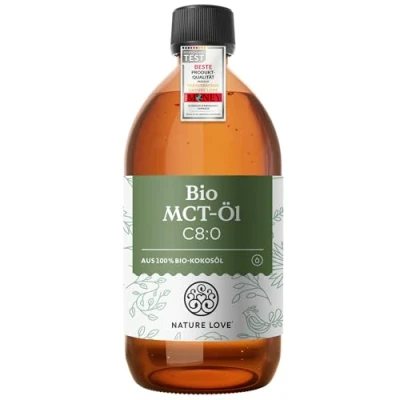 Obrázek NATURE LOVE® bio MCT olej C8 500 ml pro vaši keto dietu ze 100% kokosového oleje ketogenní výživu bez chuti a zápachu exogenní ketony veganský
