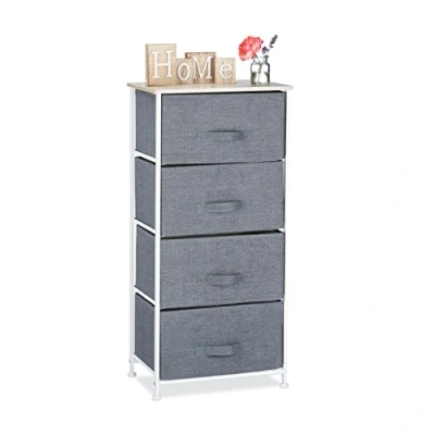 Obrázek Relaxdays Regálový systém, 4 látkové zásuvky, V x Š H: 95 45 30 cm, univerzální zásuvkový box, kov a dřevo, šedá