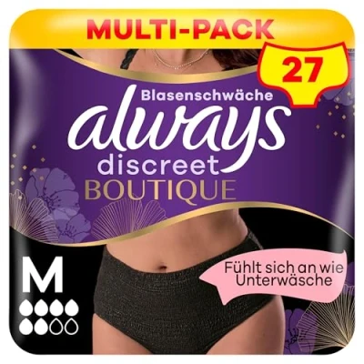 Obrázek Always Discreet Boutique inkontinenční kalhotky vel. M (9 kalhotek) pro dámy, při slabosti močového měchýře, absorbují pachy a vlhkost, zabraňují vytékání, černé (balení se může lišit)