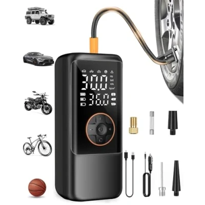 Obrázek Elektrická vzduchová pumpa s akumulátorem, 150 PSI pro pumpičku jízdní kola, přenosný mini kompresor manometrem a dvojitým LED displejem, 12 V DC elektrické pneumatiky auta