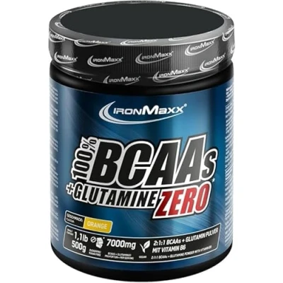 Obrázek IronMaxx 100% BCAA + Glutamine Zero Orange 500 g veganský a bezcukru aminokyseliny prášek s vitaminem B6 6000 mg 1000 glutaminu v jedné porci