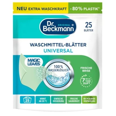 Obrázek Dr. Beckmann Univerzální listy pracího prostředku Magic Leaves předdávkované a ve vodě rozpustné prací šetří místo snadné použití 25 listů