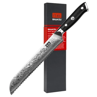 Obrázek SHAN ZU 20 cm damaškový nůž na chléb se zoubkovaným ostřím, 67 vrstev japonské damaškové oceli, koláč z vysoce uhlíkové super ergonomická rukojeť G10 řada PRO