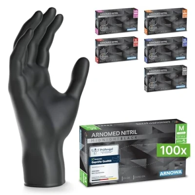 Obrázek ARNOMED rukavice na jedno použití 100 kusů/krabice, černé nitrilové M, bez pudru a latexu, jednorázové rukavice, ve vel. XS, S, L, XL XXL