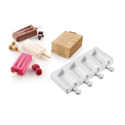 Obrázek silikomart GEL10M Silikon Eisform MINI VINTAGE, Antihaftbeschichtet, 4 Hohlräume, 1er Pack Eisformen + 50 Holzstäbchen, Easy Ice Cream, 93 x 48 mm, h 18 Made in Italy