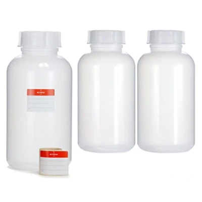 Obrázek Octopus 3x 2000 ml lahvičky s širokým hrdlem z LDPE se šroubovacím uzávěrem, prázdné 2litrové láhve chemickým obsahem vody, laboratorní lahve víkem jako úložná nádoba do laboratoře, kuchyně nebo