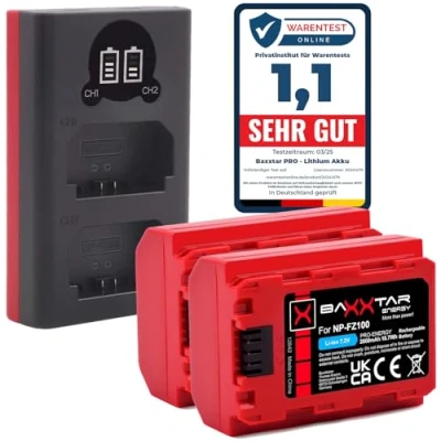 Obrázek Baxxtar Pro NP FZ100 2600mAh Kamera akumulátor Pack (Generace IV) s nabíječkou USB Dual LCD také kompatibilní FX30 Alpha 6700 7 IV 7C II 7CR 7R V ZV E1