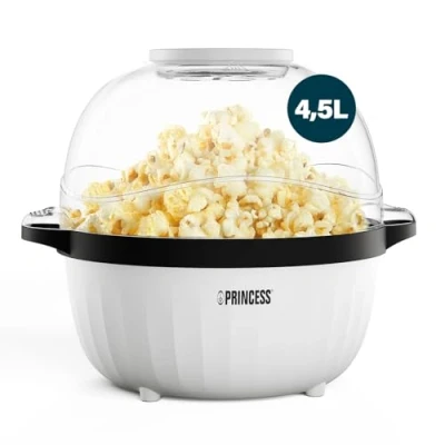 Obrázek Princess Stroj na popcorn, 4,5 l, míchací tyčinka pro rovnoměrné popper, přihrádka máslo, průhledné víko, servírovací mísa, snadné čištění, kompaktní skladný, 450 W, 292980