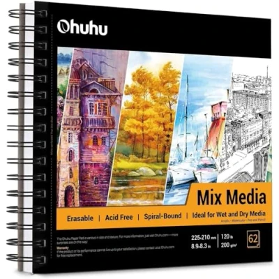 Obrázek Ohuhu skicák 62 listů/124 stran 200 g/m² silný papír bez obsahu kyselin spirálově vázaná kreslicí kniha Hardcover pro zvýrazňovače akryl akvarel, skicování ilustrace, 225 x 210 mm