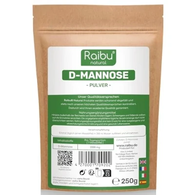 Obrázek D mannose prášek 250 g mannosový plněný v Německu a laboratorně testován přírodní, veganský extra dávkovací lžíce RAIBU