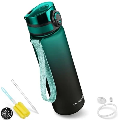 Obrázek My Vesperbox Minny Kinder Trinkflasche auslaufsicher mit Strohhalm oder Sieb 350ml, 500ml leichte Tritan Wasserflasche BPA frei für Kindergarten, Schule (Grün Schwarz 500ml)
