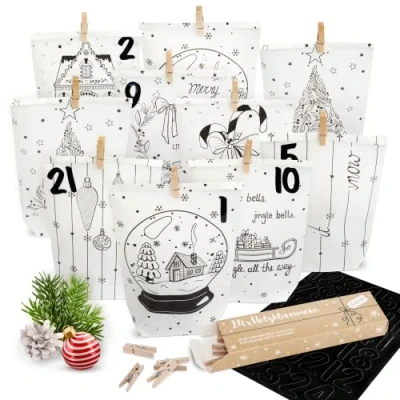 Obrázek AMARI ® Adventní kalendář k naplnění 24 papírových adventních sáčků (s dřevěnými svorkami) pro ruční práce na Vánoce papírové vánoční sáčky s nálepkami čísly