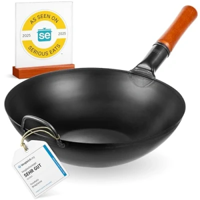 Obrázek YOSUKATA Karbonová ocel Woks &amp; wok pánve 34 cm předpečená pánev uhlíková ploché dno tradiční pro indukční sporák kompatibilní s plynovými elektrickými sporáky gril oheň