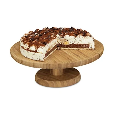 Obrázek Relaxdays Talíř na dort kulatý, 33 cm, z bambusu, s podstavcem, v x průměr: cca 11,5 přírodní
