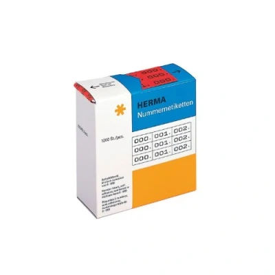 Obrázek HERMA 4802 Číselné štítky číslice 0 999, trojnásobné, 3000 kusů, 22 x 10 mm, samolepicí, matné, 3krát průběžné papírové číselné štítky, čísla příloh v zásobníku, červené