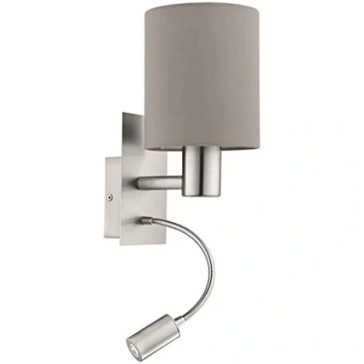 Obrázek EGLO LED nástěnná lampa Pasteri, 2 plamenné textilní nástěnné svítidlo, materiál: ocel, látka, barva: matný nikl, šedohnědá, objímka: E27, vč. vypínače a flexibilního světla na čtení