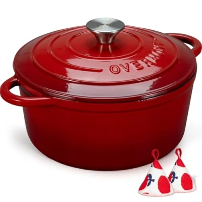 Obrázek Overmont Bräter emaille Gusseisen Topf Schmortopf 24cm backofengeeignet mit Deckel und Kochbuch für Küche Backen Schmoren Braten Rot