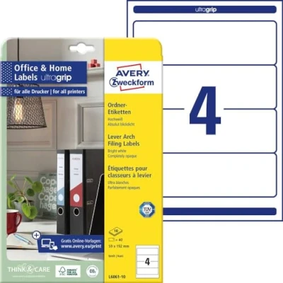 Obrázek AVERY Zweckform L6061 10 etikety na hřbety pořadačů (40 štítků hřbetu s ultra gripem, 59 x 192 mm A4, široké/krátké, samolepicí, absolutně neprůhledné, potištěné pořadače) listů,