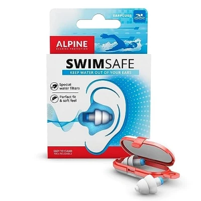 Obrázek Alpine SwimSafe ochrana sluchu ucpávky do uší pro plavání vodotěsné vodní sporty udržují vodu mimo dosah a zabraňují infekcím pohodlný hypoalergenní materiál opakovaně použitelné