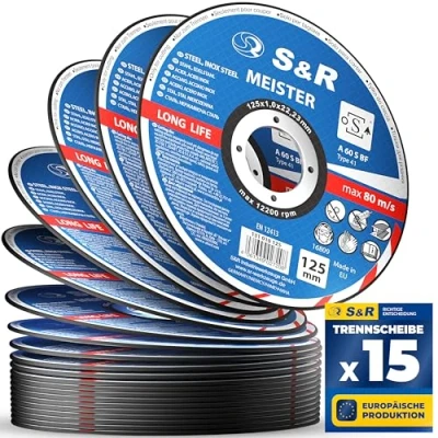 Obrázek S&amp;R Profesionální řezný kotouč 125 mm tenký pružný 1 pro úhlové brusky, oddělovače kovu a řezák s oxidem hlinitým, vyztužení skelnými vlákny vazbou pryskyřice ideální karosérii