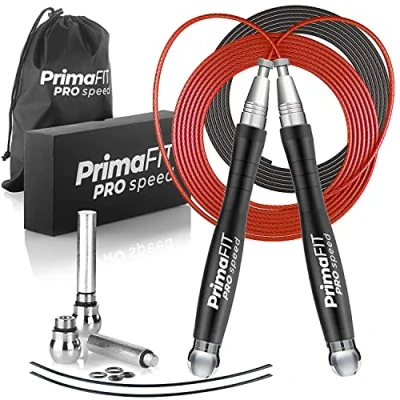 Obrázek PrimaFIT Springseil Erwachsene Fitness Pro Speed Jump Rope 3m Seilspringen Verstellbar Mit Gewichten, 2 Kugellager &amp; Anti Rutsch Griffe, Profi Skipping Für Boxen, MMA, Crossfit, Extra Stahlseil,Tasche