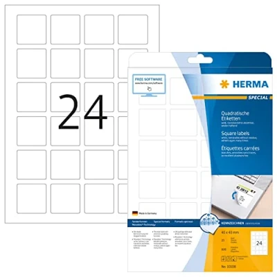 Obrázek HERMA 10108 univerzální etikety odstranitelné, 25 listů, 40 x mm, 24 na arch A4, 600 kusů, samolepicí, potisknutelné, matné, čtvercové, prázdné papírové lepicí samolepky, bílé
