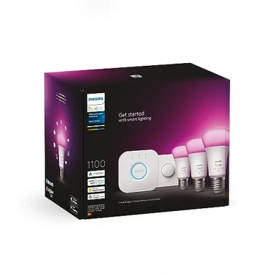 Obrázek Philips Hue White &amp; Color Ambiance Starter Set s žárovkami E27 balení 3 ks (1100), Smart Button + Bridge, Vítěz testu Stiftung Warentest (01/2024), 16 milionů barev lze ovládat jazykem a aplikací