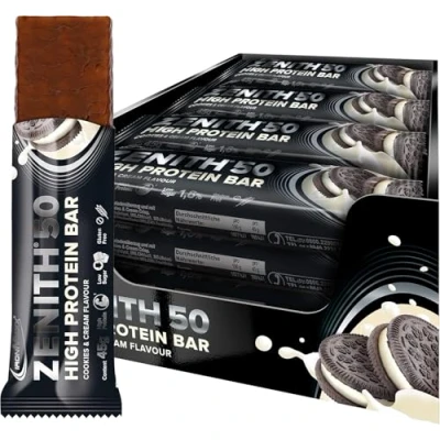 Obrázek IronMaxx Zenith 50 High Protein Bar Cookies &amp; Cream 16 x 45 g proteinové tyčinky s % obsahem bílkovin low carb, sugar důležitými aminokyselinami