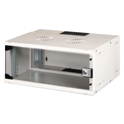 Obrázek DIGITUS Síťová skříň 19palcová rack 4 HE nesmontovaná montáž na stěnu hloubka 400 mm 327 užitná nosnost 60 kg skleněné dveře řada SOHO Pro šedá