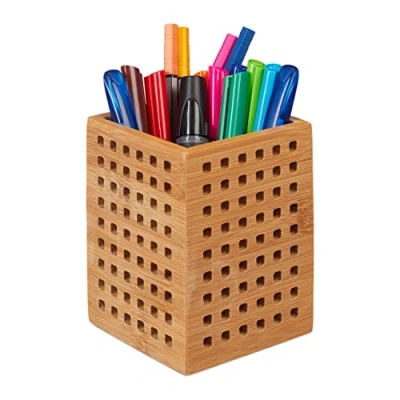 Obrázek Relaxdays Bambusový penál na tužky, psací stůl, venkovský styl, v x š h: 11,5 9 cm, držák přírodní