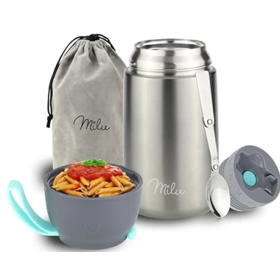 Obrázek Milu® Termonádoba na jídlo 800 ml, nerezová nádoba udržování tepla se lžící, termopohárek jídlo, termo box oběd pro děti, dospělé, termobox polévky, dětská kaše, šedá,