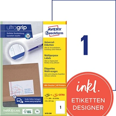 Obrázek AVERY Zweckform 3478 200 univerzální etikety (200 plus 20 lepicích etiket extra, 210 x 297 mm na A4, tištěné přepravní štítky, samolepicí zásilkové nálepky s ultragrip) 220 listů, bílé