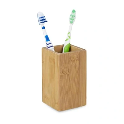 Obrázek Relaxdays, přírodní kelímek na zubní kartáček, hranatý, design, koupelnový zuby, bambus potažený polyuretanem, V x Š H 11 6,5 cm, cm