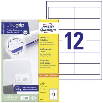 Obrázek AVERY Zweckform 3659 adresních nálepek (1 200 lepicích štítků, 97 x 42,3 mm na A4, papír matný, potištěné štítky pro odesílatele, samolepicí adresní s ultragripem) 100 listů, bílé