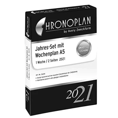 Obrázek Chronoplan 50291 Kalendereinlage 2021, Jahres Set A5 mit Wochenplan (148x210mm), Ersatzkalendarium, ideal für professionelle Wochenplanung, Uhrzeit, Multilochung (1 Woche auf 2 Seiten), weiß